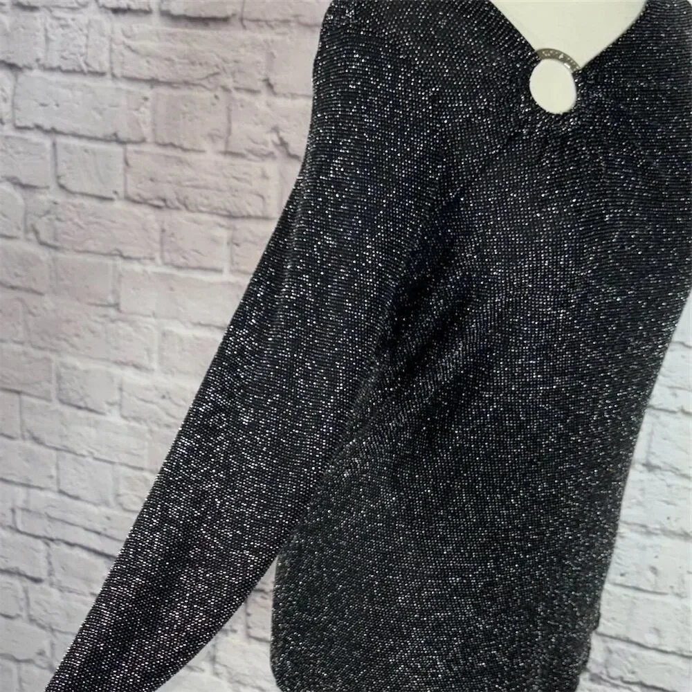 Michael Kors Black Silver Shimmer Metallic Logo O Ring Asymmetric Neckline Top